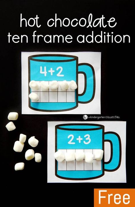 Practice addition to ten with these fun hot chocolate ten frame addition mats! What a fun winter math center for pre-k or Kindergarten! Ten Frame Addition, Addition Mats, Frame Addition, January Kindergarten, Winter Math Centers, Math Centers Kindergarten, Winter Kindergarten, Winter Math, Kindergarten Centers