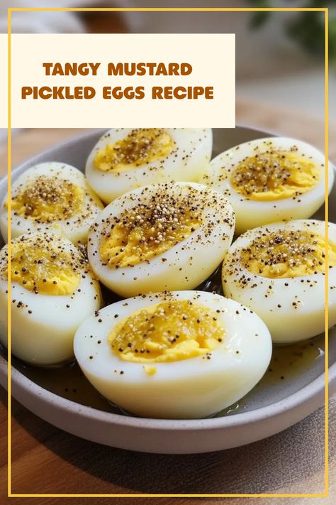 A bright close-up image of tangy mustard pickled eggs, an enticing snack perfect for gatherings. The pin showcases a unique recipe that's simple to make and full of flavor. Mustard Pickled Eggs Recipe, Make Mustard, Pickled Eggs Recipe, Health Benefits Of Eggs, Egg Game, Yellow Mustard Seeds, Mustard Pickles, Pickled Eggs, Brown Eggs