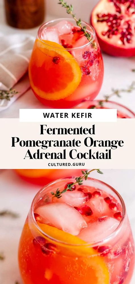 An adrenal cocktail is a drink containing key vitamins and minerals for optimal health. These vitamins and minerals come from fruit juices and sea salt, and are more bioavailable when fermented. This fermented pomegranate orange adrenal cocktail is ready to enjoy in just 4 days. Postpartum Adrenal Cocktail, Adrenal Mock Tail, Fermented Drinks Recipes, Probiotic Mocktail, Mineral Drinks, Health Cocktails, Adrenal Cocktail Recipe, Barista Girl, Cortisol Cocktail