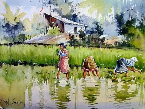 Landscape With Human Figure Painting, Memory Painting, Village Scene Drawing, Watercolor Indian, Memory Drawing, Watercolor Scenery, Watercolor Art Landscape, Watercolor Paintings Nature, Boho Art Drawings