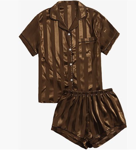 super soft cozy pajamas to wear day or night (or any time of the day really ;)) charming silky brown stripes that are flattering on anyone! Bridal Sleepwear, Sleepwear Women Pajamas, 2 Piece Short Set, Satin Set, Model Looks, Mens Pajamas Set, Causal Outfits, Satin Pyjama Set, Short Pajama Set