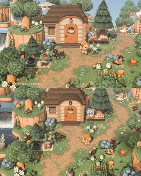 Acnh Housing Layout, Cottage Core Villagers Acnh, Acnh House Exterior, Animal Crossing Forest, Acnh Entrance Designs, Cottagecore Animals, Cottagecore Ideas, Cottagecore Animal Crossing, Forest Village