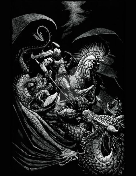 St George And The Dragon, Saint George And The Dragon, Scratchboard Art, San Michele, 다크 판타지, Saint George, Arte Fantasy, St George, A Dragon