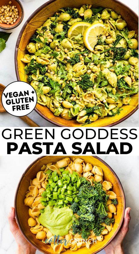 This Green Goddess Vegan Pasta Salad is made with simple and nourishing ingredients that come together in minutes. This vegan salad and allergy-friendly recipe, is the perfect light lunch. Make it ahead of time for meal prep or take it to summer picnics, barbecues, and more! Use gluten free pasta like chickpea pasta and fresh vegetables in this vegan pasta bowl. Salads Dairy Free Gluten Free, Vegan Green Goddess Pasta Salad, Best Vegan Pasta Salad, Jalapeño Pasta Salad, Healthy Vegan Pasta Salad, Paleo Pasta Salad Recipes, Vegan Summer Meal Prep, Vegan Dinner Simple, Easy Vegan Pasta Salad