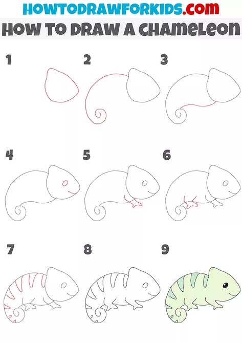 How To Draw Chameleon, How To Draw A Chameleon, Chameleon Drawing Cute, Easy Drawings For Beginners Step By Step Ideas, Chameleon Drawing Easy, Chameleon Doodle, Chameleon Drawing, Zoo Drawing, Chameleon Eyes