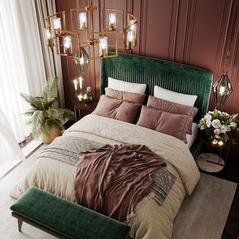 Red Gold Bedroom Ideas, Burgundy Gold Bedroom, Green And Pink Velvet Bedroom, Bedroom Inspirations Pink And Gold, French Art Deco Bedroom, Mauve Room Aesthetic, Moody Green And Pink Bedroom, Vintage Glam Bedroom Decor, Teal And Burgundy Bedroom