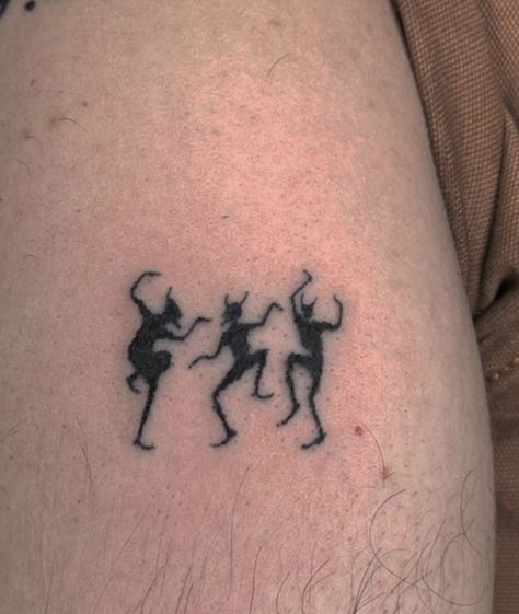 Cursed Tattoo Design, Interesting Small Tattoos, Misandry Tattoo, Funky Tattoos Weird, Dancing Devil Tattoo, Blasphemy Tattoo, Unsettling Tattoos, Creepy Small Tattoos, Edgy Patchwork Tattoos