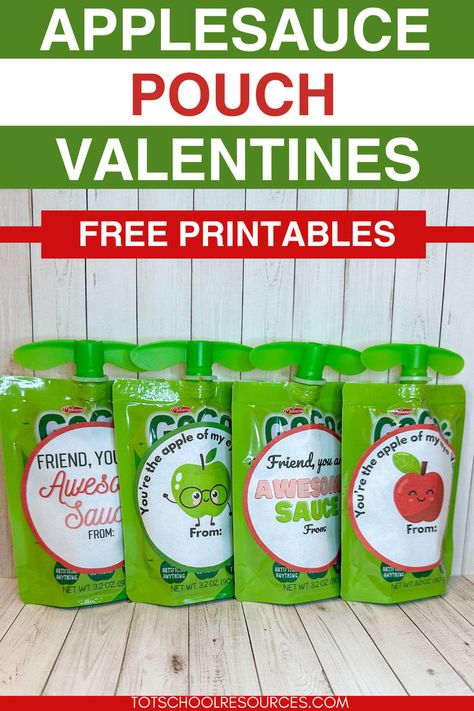 An applesauce pouch Valentine is the perfect non-candy Valentine for a preschool or kindergarten class. Use one of our 4 free printable applesauce valentines for an easy, yet cute, Valentine for your child's class. Applesauce Pouch Valentines, Pouch Valentines, Applesauce Valentines, Apple Sauce, Kindergarten Class, Valentines Printables Free, Kids Class, Valentine Candy, Valentines For Kids