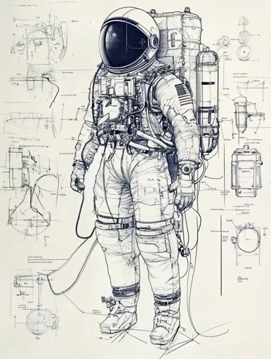 ↑↑↑ Larger size on website 🔸 A detailed pen and ink illustration of an astronaut in a spacesuit with a backpack.  The astronaut i Neutral Pose, Astronaut Backpack, Astronaut Drawing, Architectural Sketches, Astronaut Design, Technical Illustration, The Astronaut, Ink Illustration, Space Suit