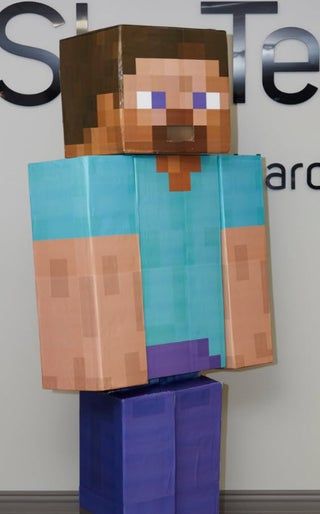 Minecraft Steve Cardboard Box Costume DIY : 12 Steps - Instructables Minecraft Diy Costume, Minecraft Boxes Diy, Minecraft Cardboard Crafts, Minecraft Costume Diy, Cardboard Box Costumes, Minecraft Steve Costume, Steve From Minecraft, Cardboard Box Costume, Minecraft Box