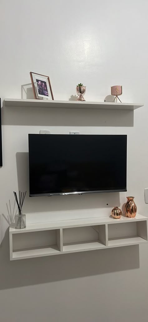 Tv Shelf Ideas Bedroom, Bedroom Tv On Wall, What To Put Under Mounted Tv, Diy Tv Wall Ideas, Tv Decor Ideas, Tv On Wall, Vibe Rooms, Bedroom Ideas For Small Rooms Diy, Girl Apartment Decor