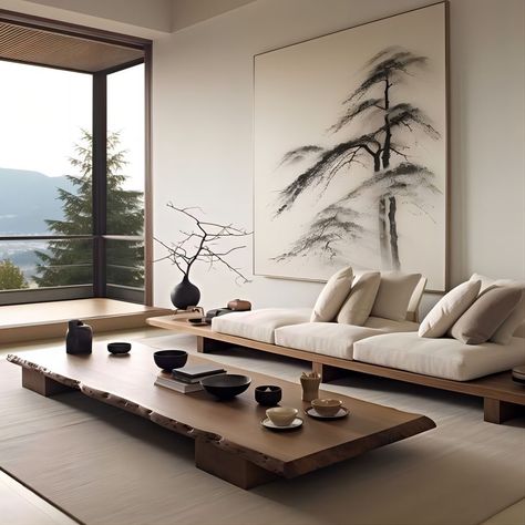 Low Couches Living Rooms, Japanese Zen Living Room, Japandi Sofa Living Room, Zen Interior Design Living Room, Modern Zen Living Room, Sala Zen, Living Room Zen, Zen Interior Design, Japanese Style Living Room