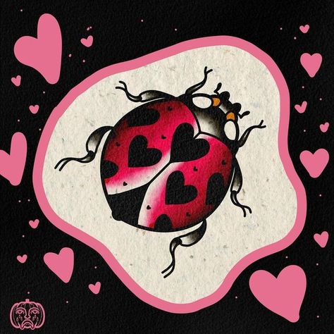 Bug Art Aesthetic, Doodlebug Tattoo, Simple Colored Tattoos, Ladybug Tattoo Traditional, Valentines Tattoo Flash, Small Filler Tattoo Ideas, Valentines Flash, Valentines Tattoo, Satanic Tattoos