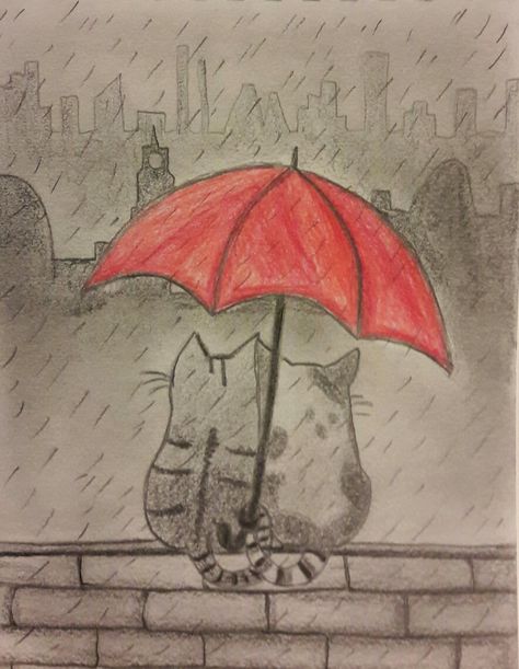 Rainy Drawing Easy, Raining Drawing, Sketchy Doodles, Cats In The Rain, Cat In Raincoat Drawing, Rain Drawing, Drawing Rain, Fav Wallpaper, Lab Decorations