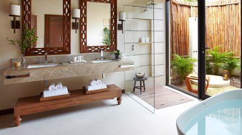 Riviera Maya Beachfront Villas in Playa del Carmen, Mexico -Viceroy. MTI's award-winning Elise freestanding tub Outdoor Shower Ideas Private, Caribbean Beach House, Outdoor Bathroom Design Ideas, Mexico Vacation Spots, Resort Bathroom, Outdoor Shower Ideas, Beach Cabanas, Ixtapa Zihuatanejo, Hotel Bathrooms