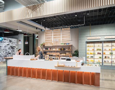 Village Juicery Newmarket on Behance Market Interior Design, Design Supermarket, Market Interior, Hyper Market, Coffee Booth, Bar Counter Design, Industrial Restaurant, Supermarket Design, Interior Design Work