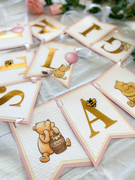 Winnie The Pooh Birthday Banner, Pink Winnie The Pooh, Pooh Birthday Party, Winnie The Pooh Themes, Winnie The Pooh Baby Shower, Pooh Birthday, Winnie The Pooh Birthday, Happy Birthday Lettering, Pooh Baby