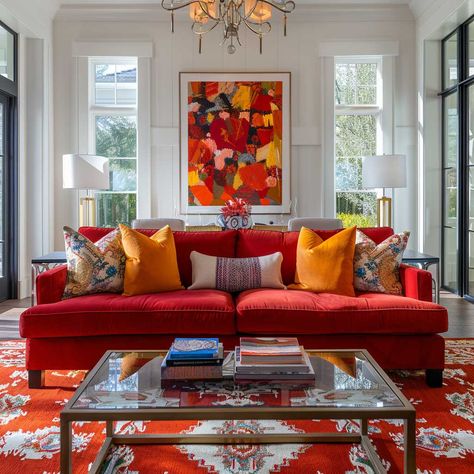 7+ Vibrant Family Room Decor Ideas for a Red Makeover • 333+ Art Images Red And Orange Living Room Ideas, Red Sofa Decor, Red Couches Living Room Decor, Red Sofa Living Room Color Schemes, Red Couch Living Room Ideas, Bright Living Rooms, Red Sofa Decorating, Red Couch Decor, Couches Living Room Apartment