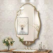 Oval Mirror Decor, Art Nouveau Bathroom, Wall Mirror Design, Gold Bathroom Vanity, Gold Vanity Mirror, Vintage Gold Mirror, Powder Room Mirror, Oval Mirror Bathroom, Scalloped Mirror