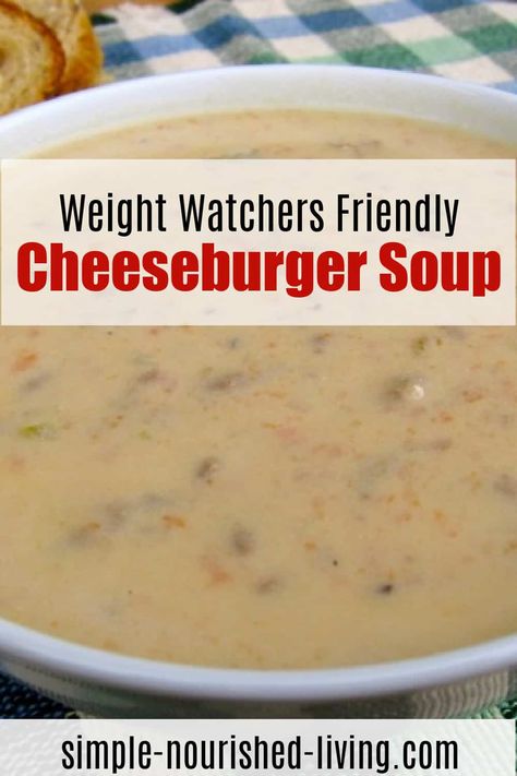 This easy and healthy makeover cheeseburger soup with just 209 calories is sure to please your entire family! Lightened up and Weight Watchers friendly. 6 SmartPoints Ww Soup, Burger Soup, Weight Watchers Food Points, Cheese Burger Soup Recipes, Weight Watchers Meal Plans, Weight Watchers Soup, Weight Watchers Chicken, Cheeseburger Soup, Weight Watcher Dinners