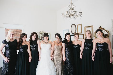 Black Sequin Bridesmaid Dress Long, Black Sequin Bridesmaid Dress, Bridesmaids In Black, Glam Bridesmaid, Pine Wedding, Black Sparkles, Sequin Bridesmaid Dress, Brown Bridesmaid Dresses, Black Gold Wedding