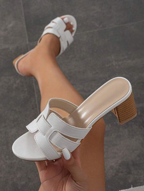 Elegant White Sandals For Women, Litchi Embossed Chunky Heeled Mule Sandals | SHEIN USA Sliper Woman Trendy, White Shoes Women Classy, Ladies Shoes Low Heel Classy, Elegant Sandals Heels, Trendy Footwear For Women, Fancy High Heels, Sandals For Ladies, Trendy Purses, Trendy Heels