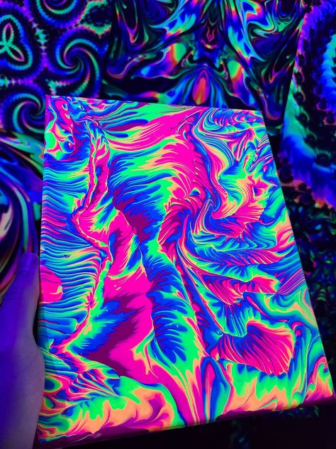 A blacklight reactive fluid art piece that will stun with custom neon colors straight out of a psychedelic journey. Vibrant colors wave and swirl like a retro psychedelic portal into the cosmic ocean. Glow up your walls :) Varnished for protection and extra pop. Have a look at my linktree for my insta, prints/tapestries/clothes and more! https://linktr.ee/psychedelicpourhouse Neon Painting Ideas, Cosmic Ocean, Hair Today Gone Tomorrow, Fashion Drawing Sketches, Abstract Art Diy, Color Wave, Polymer Clay Projects, Custom Neon, Neon Colors