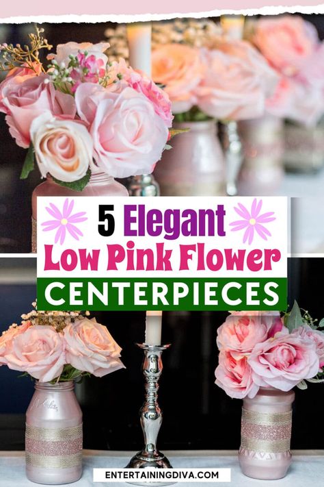 5 Simple But Elegant Pink Flower Centerpieces (That Are Low Enough To See Over) | Bridal Showers Simple Pink Rose Centerpieces, Bud Vase Baby Shower Centerpieces, Centerpieces For Sweet 16 Party, Flower Baby Shower Centerpieces, Valentines Centerpieces Diy, Pretty In Pink Bridal Shower Theme, Diy Bridal Shower Centerpieces, Girl Baby Shower Table Decor, Baby Shower Centerpiece Girl