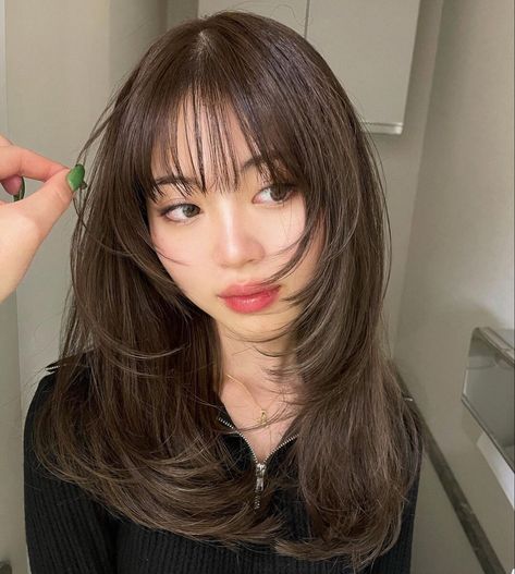 Straight Bangs With Face Frame, Rounded Layers With Bangs, Korean Haircut Without Bangs, Bangs Asian Hair Round Face, Korean Layers With Bangs, Wispy Bangs With Layers Round Face, Straight Bangs With Layers, Wispy Bangs Korean Style, Bang Haircuts For Round Faces