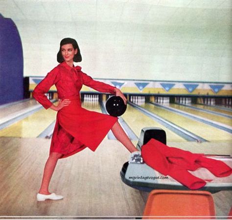 Vintage fashion layout in bowling alley. Woman in red dress. 1950s - 60s. Bowling Alley Outfit, Bowling Photoshoot, Bowling Aesthetic, Bowling Pictures, Bowling Night, Paint Poster, Ten Pin Bowling, Woman In Red Dress, Bowling Outfit