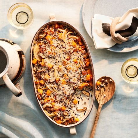 Butternut Squash Bake With Wild Rice Rice And Butternut Squash, Squash Bake, Caramelized Onions And Mushrooms, Butternut Squash Casserole, Wild Rice Recipes, Healthy Winter Meals, Gluten Free Stuffing, Cooking Wild Rice, Baked Squash