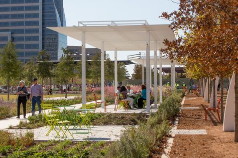 Klyde Warren Park / The Office of James Burnett Park Pavilion, Public Space Design, Pavilion Design, Environmental Graphic Design, Urban Furniture, Building Companies, Shade Structure, Interior Architect, Water Design