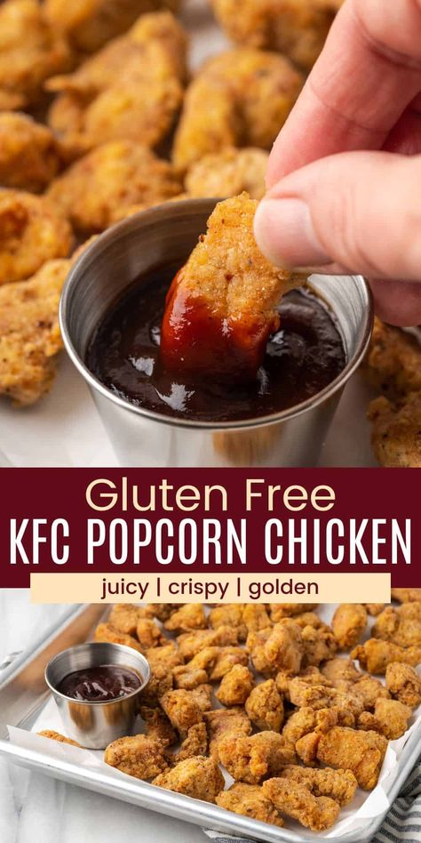 Homemade Gluten Free KFC Popcorn Chicken is a fun and easy meal or appetizer that the whole family goes crazy for! This gluten-free fried chicken recipe cooks up irresistibly juicy, crispy, and golden right in the comfort of your own kitchen. Good Gluten Free Recipes, Gf Food Ideas, Fast Easy Gluten Free Dinner, Gluten Free Appetizer Recipes Easy, Gluten Free Recipes And Dairy Free, Quick And Easy Gluten Free Dinner Recipes, Gluten Free Recipes With Chicken, Easy Gluten Free Chicken Recipes, Gluten Free Cream Of Chicken