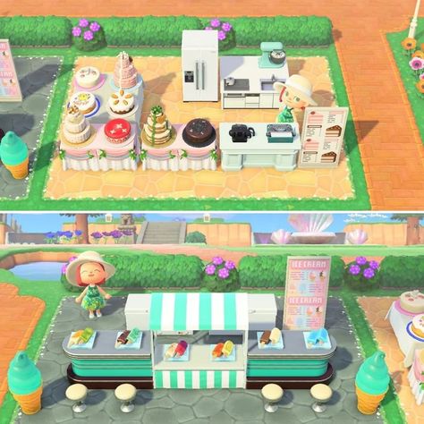 Acnh Ice Cream Parlour, Ice Cream Parlor Acnh, Acnh Ice Cream Shop Ideas, Animal Crossing Ice Cream Stall, Acnh Dessert Shop, Animal Crossing Ice Cream Shop, Acnh Ice Cream Shop, Animal Crossing Town, Animal Crossing Cafe