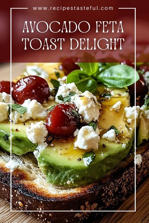 This Avocado Feta Toast Delight combines creamy avocados, tangy feta cheese, and vibrant cherry tomatoes on crunchy whole-grain bread. Topped with dried cranberries and walnuts, it’s a nutritious and delicious snack or meal that’s ready in just 15 minutes! Avocado Toast With Feta, Feta Toast, Avocado Tomato, Snack Options, Whole Grain Bread, Family Friendly Meals, Fresh Tomatoes, Dried Cranberries, Yummy Snacks