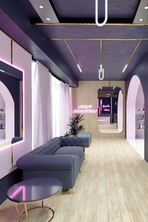 Ideas Para Boutique, Beauty Shop Interior, Purple Salon, Ideas De Boutique, Beauty Shop Decor, Makeup Studio Decor, Nail Salon Interior Design, Beauty Salon Interior Design, Beauty Room Salon