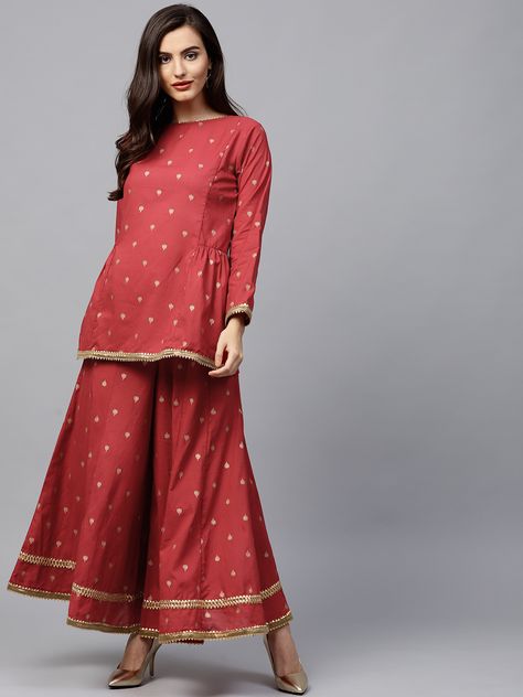 Buy Bhama Couture Women Red & Golden Printed Kurti With Palazzos - Kurta Sets for Women Short Kurta Designs Women, Plazo Kurti, Kurta Sets For Women, Salwar Suits Party Wear, Red Kurta, Short Kurti, Half Saree Designs, Printed Kurti, Kurta Designs Women