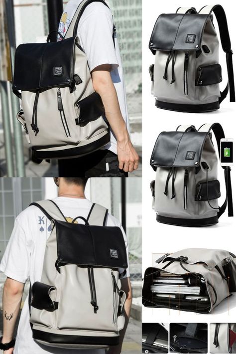 Fashion Gray USB Port Large Capacity Vertical Zipper PU Men's School Bag Computer Backpack High School Bags, High School Backpack, Anime Bag, Laptop Backpack Mens, Stylish School Bags, Canvas Duffle Bag, Mens Bags Fashion, Diy Bag Designs, Computer Backpack