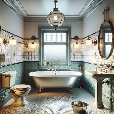 Create an image of a bathroom embodying a modern vintage charm. The walls should be adorned with subway tiled walls up to a chair rail, and then painted in a soft, pastel color above. Traditional hexagon mosaic tile should cover the floor, providing a perfect balance between then and now. Lighting should be from antique lantern-style sconces by the mirror above the sink and a vintage chandelier for general ambiance. This image will serve as an inspiration for a bathroom remodel. Antique Tile Bathroom, Victorian Washroom, Victorian Shower Room, 1800 Bathroom, Clawfoot Tub Shower Combo, Subway Tile Bathroom Ideas, Victorian Bathtub, Antique Fixtures, Vintage Bathroom Design