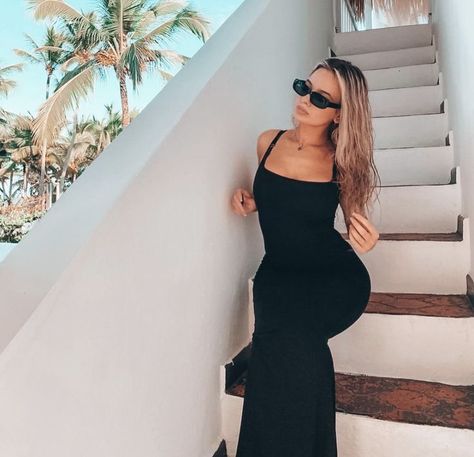 Black Dress Aesthetic, Beauty Salon Decor, Dress Aesthetic, Trendy Sunglasses, University Of Miami, Vacation Pictures, Long Black Dress, Vacation Dresses, Beach Aesthetic