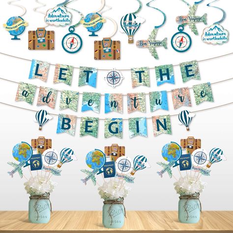 Amazon.com: Travel Themed Party Decorations Set Let the Adventure Begin Banner Centerpieces Sticks and Hanging Swirls for Bon Voyage Retirement Farewell Party World Awaits Birthday Baby Shower Decorations Supplie : Toys & Games Travel Party Decorations, Travel Theme Party, Explorer Birthday Party, Bon Voyage Party, Retirement Decorations, Goodbye Party, Adventure Decor, Travel Party Theme, Adventure Baby Shower