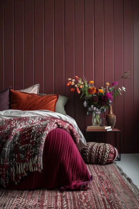 Transform your space with these warm burgundy bedroom ideas that create a cozy retreat. From elegant maroon accents to plush textiles, a burgundy bedroom can bring a luxurious vibe to your home. With creative decor tips, lush fabrics, and inspiring layout ideas, your bedroom will feel inviting and stylish. Discover how to blend burgundy tones into your decor seamlessly to establish an atmosphere of comfort and relaxation. Say goodbye to boring bedrooms and elevate your retreat every day with these stunning styles! Burgundy Bedroom Aesthetic, Dark Mauve Bedroom, Wine Red Bedroom, Burgundy Room Ideas Bedrooms, Pink And Burgundy Bedroom, Deep Red Bedroom, Jewel Toned Bedroom, Burgundy Furniture, Maroon Room