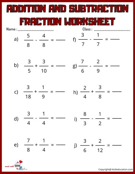 Addition And Subtraction Fractions Worksheet | FREE Download Unlike Fractions, Letter S Worksheets, Addition Of Fractions, Math Fractions Worksheets, Math Fact Worksheets, Math Tables, Positive Numbers, Math Practice Worksheets, Bee Coloring Pages