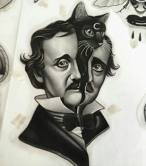 "Edgar Allan Poe Cat"  the cat can do without the moon though Edgar Allan Poe Tattoo, Edgar Allen Poe Tattoo, Poe Tattoo, Dibujos Tattoo, Black Cat Tattoos, Edgar Allen Poe, Tattoo Black, Desenho Tattoo, Edgar Allan