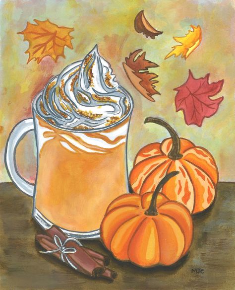 This is a print of one of my original India ink painting of a pumpkin spice latte, some pumpkins, and fall leaves. The reproduction is printed from a high resolution scan of the original piece onto 80 lb card stock paper. A frame is not included. All prints are hand signed on the back and initialed on the front. 5 x 7 inches: $10 8 x 10 inches: $12 11 x 14 inches: $20 The original painting is still available here:  *I currently do not have international shipping available, but please contact me Pumpkin Spice Latte Painting, Fall Still Life, Fall Hygge, Fall Pumpkins Painting, Pumpkin Artwork, Seasonal Wall Decor, Fall Decor Wall, Fall Canvas Painting, Art Pumpkin