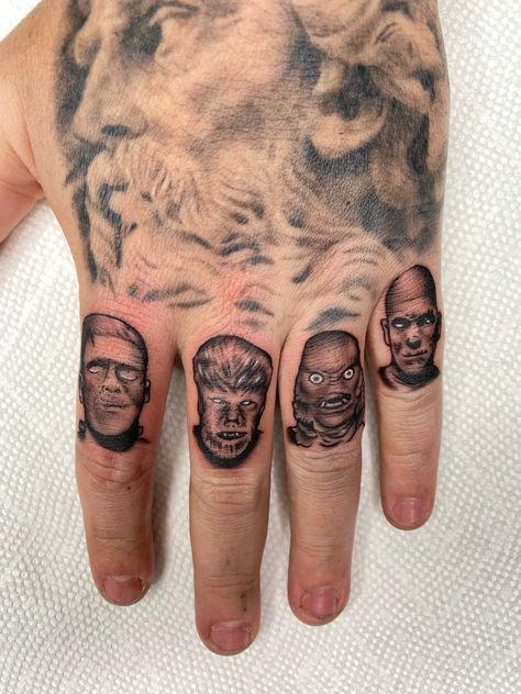 Horror tattoos, finger tattoos, classic horror, Finger Tattoos For Men, Hand Horror, Tattoos Finger, Horror Tattoos, Tattoo Hand, Horror Tattoo, Dope Tattoos, Classic Horror, Finger Tattoos