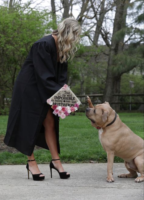 Graduation cap and gown holding treats behind the cat so dog does tricks Cap And Gown Photos College, College Grad Pics With Dog, Graduation Pictures Dog, Graduation Photoshoot With Dog, Vet Tech Graduation Pictures, College Graduation Pictures With Dog, Dog Graduation Pictures, Graduation Picture Ideas College, Cowgirl Senior Pictures