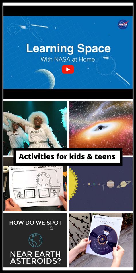 Here are space and science activities you can do with NASA at home. Make rockets, Mars rovers and Moon landers out of materials you already have or with templates you can print. The videos show you how to do the activities. The page also has DIY projects, slideshows about space, games and links to other things you can see and do with NASA. Check back for new projects and video tutorials. Science Demonstrations, Grandma Camp, Space Project, Nasa Jpl, Resource Room, Space Projects, Space Games, Math Lesson Plans, About Space