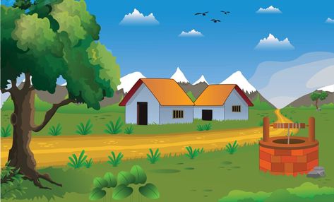 Village cartoon background illustration with old style cottage, well, trees, narrow road, mountains and green grass. Cartoon Art Background City, 2d Village Background, Village Cartoon Background Hd, Cartoon Road Background, Cartoon Home Background, Cartoon Background Hd, Well Cartoon, Cartoon Background Images, Well Background