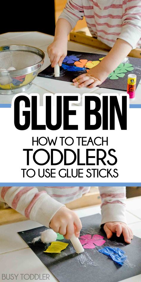 Skill Practice: Glue Stick Activity Bin - a fun way to teach toddlers to use glue sticks. Create a gluing station for toddlers and preschoolers. Preschool Glue, Toddler Skills, Toddler Classroom, Preschool Fine Motor, Teaching Toddlers, Glue Stick, Toddlers And Preschoolers, Busy Toddler, Toddler Fun